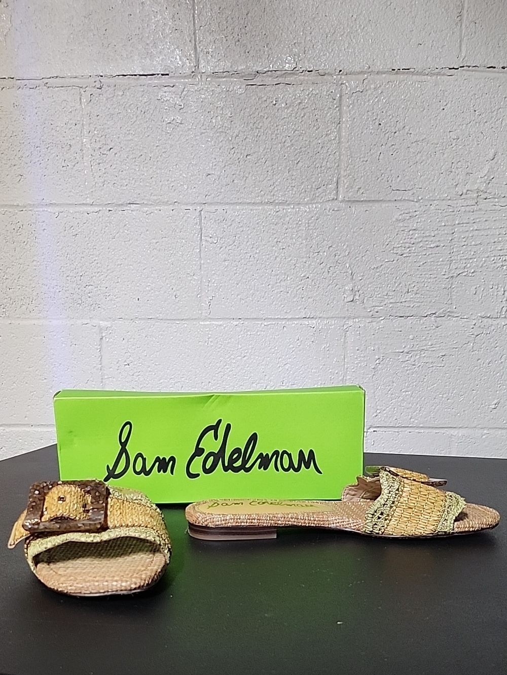 Sam Edelman Bambi Raffia Buckle Slide Sandals in Beige